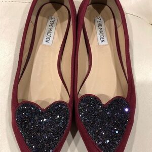 Steve Madden Red and Black Flats with Glitter Heart Decoration